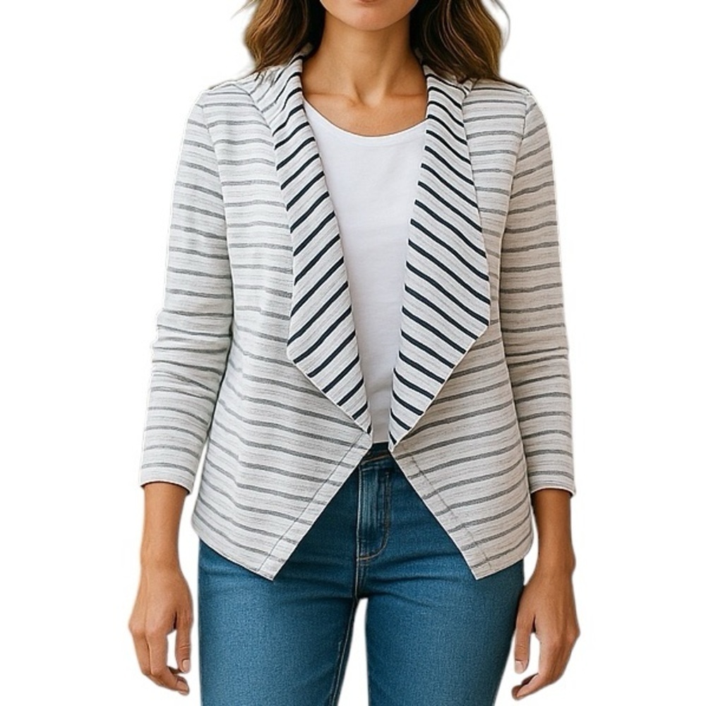 Dress Barn Sunday Cozy Casual Stripe Crochet Cardigan Medium Lounge Beach Hood